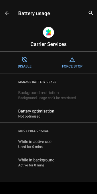 greyed-out "cannot be restricted" option in Carrier Services app menu within App Settings