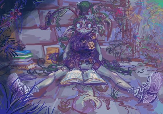 plant-based humanoid wearing spectacles, a scarf, a sweater and sneaker shoes sits strangely while glaring at the viewer amidst a ruined shadowy stone hallway somewhat overgrown with more plants