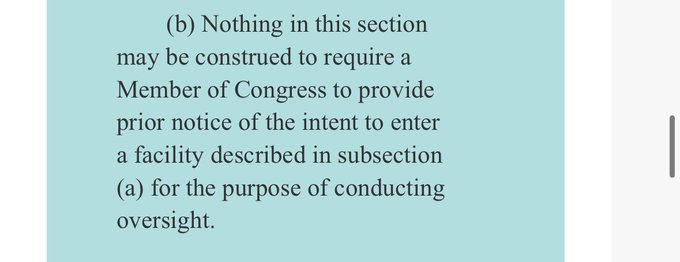 Text excerpt from a legal or legislative document stating that a Member of Congress is not required to give prior notice before entering a specified facility for oversight purposes. The background is light blue.