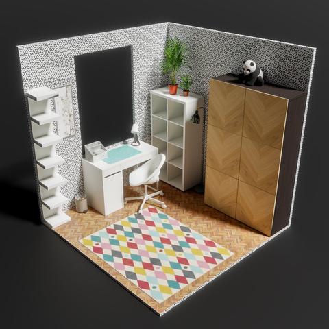 Description by LocalLLM: This Blender render shows a miniature room diorama created using IKEA furniture models. The scene is set within a cube-shaped room with geometric patterned wallpaper in black and white. The space features a herringbone wood floor with a colorful diamond-pattern area rug in various shades including pink, yellow, teal, and gray.
The furniture includes white IKEA pieces: a desk with a white office chair, white floating shelves mounted on the left wall, and a white cube storage unit. There's also a tall wooden cabinet with a geometric chevron pattern on the right side. A small potted plant sits on top of the storage unit, along with what appears to be a small panda figurine on the wooden cabinet. Small terracotta pots and decorative items are scattered throughout the scene.
The lighting creates clean shadows and highlights the miniature scale of this carefully composed interior design vignette, demonstrating the capabilities of the IKEA plugin for creating realistic furniture renders in Blender.