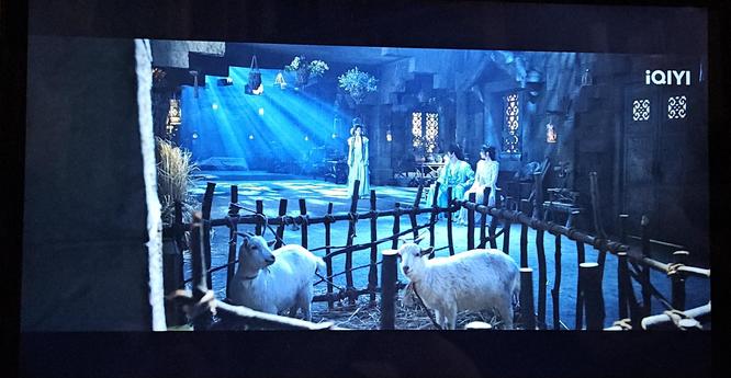 In the background Bai Shuo, Chong Yao, and Fu Ling are gearing up for an emotional scene. In the foreground two happy goats in a small pen are staring at the camera.
