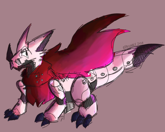 Illustration of Huckmon from Digimon. There is pinkish lighting depicted on the drawing.