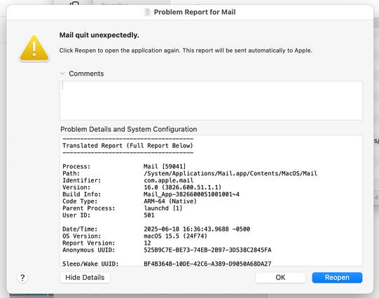 Yet another Apple mail crash.