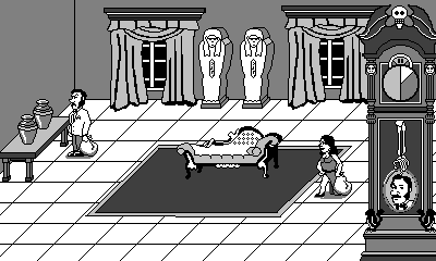 An amateurish quick sketch of a concept for a Playdate game, showing two characters in a sparsely populated parlor room