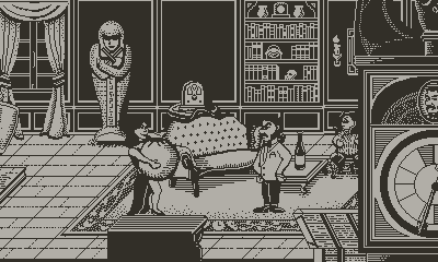 A current screenshot of the same Playdate game, showing two characters in a more densely populated room.