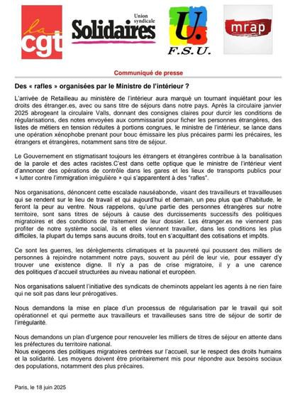 Communication de presse de la CGT, Solidaires, FSU, MRAP concernant les rafles organisées par le ministre de l'intérieur.