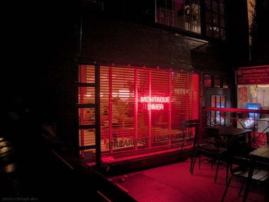 A red neon sign reading "Montague Diner" in all caps in a window. Outside of the window most things are too dark to make out