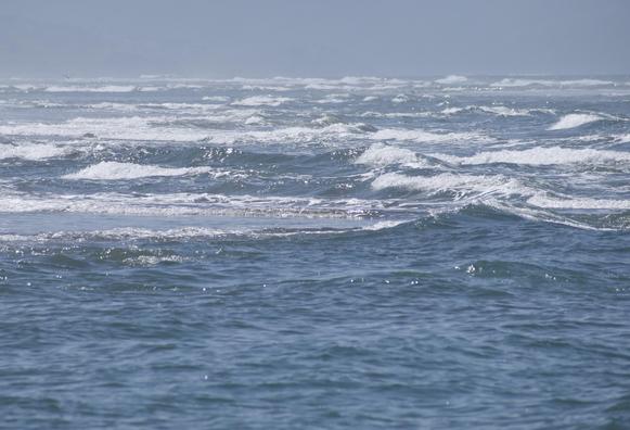 A shot of the ocean from the side, with light blue haze and very faint land seen beyond the water’s edge. In the foreground is blue water caught in slight wavelet motion, and the rest of the water in view is all churning little rolling waves and lots of white wave tops.  They are all coming in at the right side of the image and rolling toward the left side.
Some nearer ones are sparkling with sunlight glinting off of them, and further out the waves are fading into the misty air.