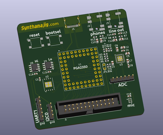 3D view of a PCB in Kicad. It's a small board centred around a PGA2350 (RP2350 breakout board), with RAM, nand flash, and an audio codec connected to output jacks and a tiny digital microphone