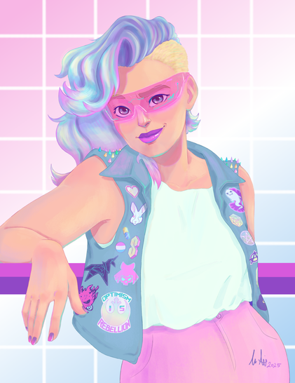 Digital illustration done in Krita. A woman with half shaved iridescent/blonde hair and a cyberpunk pink visor leans on a fence, smirking amusedly at the viewer. She's wearing a billowy white tank top tucked into pink shorts, and a light blue denim pastel punk battle vest. The vest has rainbow spiked along the shoulders, and patches referencing 90s nostalgia, Trans pride, and sci-fi/cyberpunk media. On the bottom left, there's a big patch with the Star Wars Rebellion insignia, and text around it that reads "Optimism is Rebellion". The background is a pink-white-blue gradient, symbolizing the Trans Pride flag, with the thin white grid lines on top. My artist's signature is on the bottom right of the piece, on her shorts.