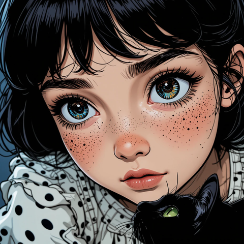 Retrato de una joven con ojos grandes y piel pecosa, acompañada de un gato negro sobre su hombro.