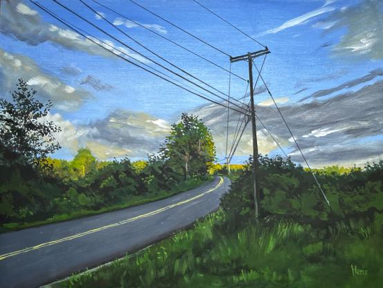 This painting captures a quiet rural road at the approach of sunset, curving gently into a dense screen of trees and shrubs. Overhead, a web of telephone wires slices diagonally across the sky, anchored by tall utility poles that lend rhythm and structure to the scene. The sky itself is a dramatic blend of deepening blue and shifting clouds, with golden light breaking through near the horizon, casting a warm glow on the edges of the foliage. The low sun intensifies the contrasts—illuminating the tree tops and grassy foreground with amber highlights, while cooler shadows settle in along the road. The mood is still and charged, evoking that brief, resonant pause before dusk.

(Alt-text auto-generated.)