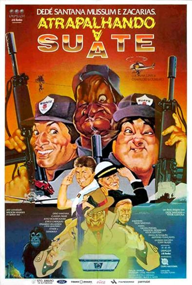 Cartaz do filme "Atrapalhando a Suate" de Dedé Santana, Mussum e Zacarias (na época tinham dado um pé na bunda do Dr. Renato pois estava se achando demais)

O cartaz é uma ilustração em cores quentes com a caricatura de Dedé, Mussum e Zacarias vestindo roupa de policiais, os três em grande destaque no superior do cartaz. Na parte inferior,  4 personagens aleatórios (um homem e uma mulher vestido de marinheiros de costas um pro outro ajeitando o chapéu enquanto olha pra câmera, um sujeito de sobretudo em primeiro plano quase pondo as mãos em uma caixa misteriosa e, de um lado um gorila e um personagem estranho de cabelo loiro lambido)