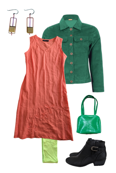 Flat lay of the green stockings outfit featuring an orange sleeveless dress, lime green stockings, a dark green corduroy jacket, a green vintage bag, black boots and a pair of wooden bead (sort of like a single abacus) earrings.