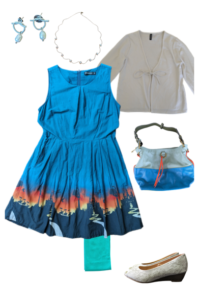 Flat lay of the aqua stockings outfit featuring a blue dress with a city on fire and dragons adding the bottom, aqua stockings, cream crocodile pattern peep-toe wedges, a blue and aqua bag, a white long sleeve cardigan, pearl knot earrings and a pearl necklace