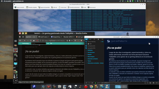 Captura de pantalla de mi escritorio KDE Plasma, sobre Fedora, que incluye una ventana de KRDC conectado a mi servidor casero, donde hay una ventana de terminal mostrando salidas de la versión nodejs de tiddlywiki y otra ventana de navegador mostrando twmini. A un lado de la ventana de KRDC hay una de Lagrange, que muestra mi conexión remota a la misma entrada que se ve en twmini, pero dentro de mi cápsula de gemini.