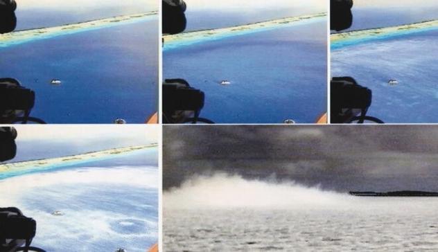 Images de la reprise des essais nucléaires français en Polynesie le 5 septembre 1995 dans le lagon de l'atoll de Mururoa. © Photo Sipa