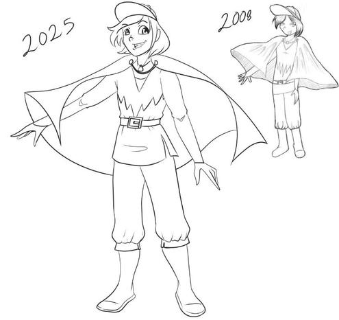 Two uncolored drawings of the same character. On the left is a larger version, labeled "2025". The character is wearing a belted tunic, a cape, baggy pants, boots, and a cap. Their right arm is extended dramatically. On the right is a smaller image of the same character in the same pose, but drawn in a sketchier style, and labeled "2008".