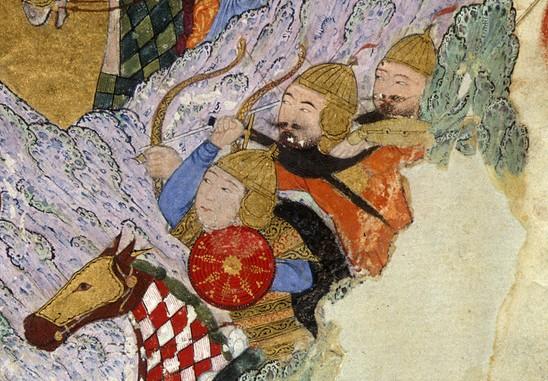 detail of a Persian painting of warriors with swords and bows on horseback. One carries a small round shield which is red with diamond patterns in yellow and many concentric rings marked as darker lines; the boss is gold leaf as is the warrior's helmet and armour