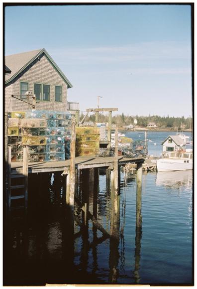 A film photo of a wharf on a Maine harbor. It is low tide and the wharf’s pilings are exposed maybe 10 ft. There are stacks of yellow and blue lobster traps and a float connected to the wharf by a ramp with a lobster boat tied up to it. It is sunny and the water is very blue. The space below the wharf is in shadow.