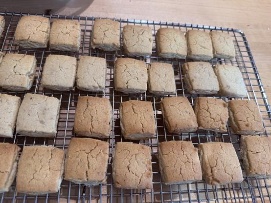 Square and rectangular sandy-colored cookies on a wire cooling rack.