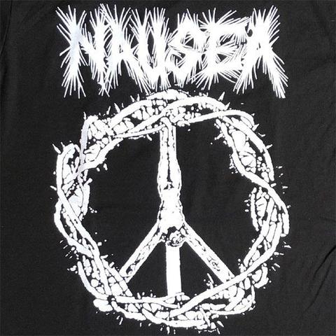 The symbol of peace is nailed upside down to Jesus. The circle of the symbol is made up of Christ's crown of thorns.
