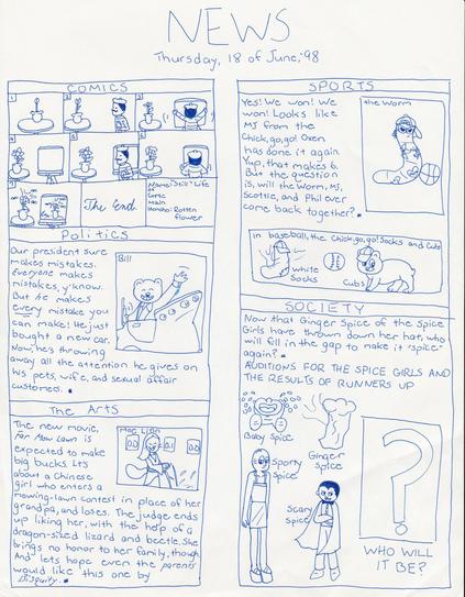 A satirical newspaper doodled by Chicago artist Jenny Lam when she was 10 years old