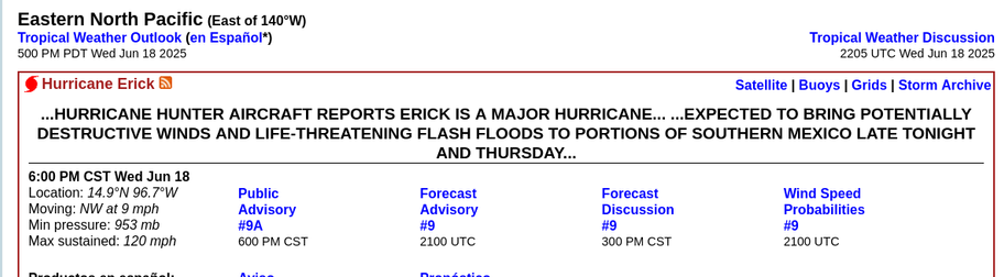 ...HURRICANE HUNTER AIRCRAFT REPORTS ERICK IS A MAJOR HURRICANE... ...EXPECTED TO BRING POTENTIALLY DESTRUCTIVE WINDS AND LIFE-THREATENING FLASH FLOODS TO PORTIONS OF SOUTHERN MEXICO LATE TONIGHT AND THURSDAY...