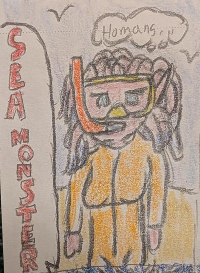 Color pencil drawing of Ayame Alba, a Mikkian woman from Star Wars, coming out of the ocean in a yellow/orange wetsuit after snorkeling. Someone unseen is shouting "Sea monster!" Ayame is thinking "Humans..." to herself, annoyed.