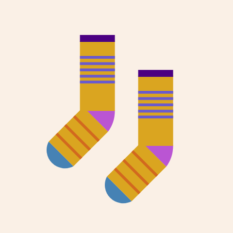 Two socks: Both are a Goldenrod sock with a MediumOrchid heel, a SteelBlue toe, and an Indigo cuff, with five SlateBlue stripes on the leg and three Chocolate stripes on the foot, all on a Linen background.