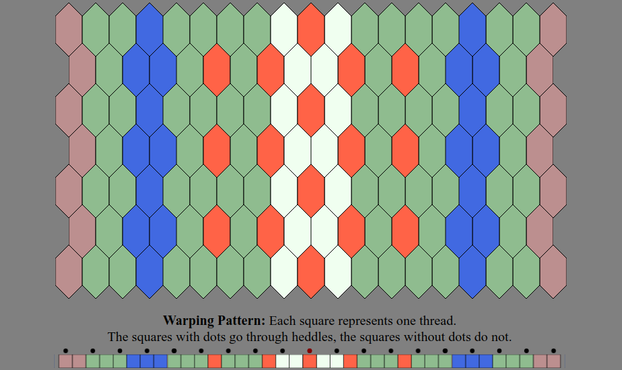An Inkle weaving diagram and warping pattern in the color sequence listed in the text description: The warping pattern is a line of colored boxes with small dots above every other one, above which it states: "Warping Pattern: Each square represents one thread. The squares with dots go through heddles, the squares without dots do not." The weaving diagram is a series of tessellated lozenge shaped tiles illustrating how the pattern will appear when woven.
