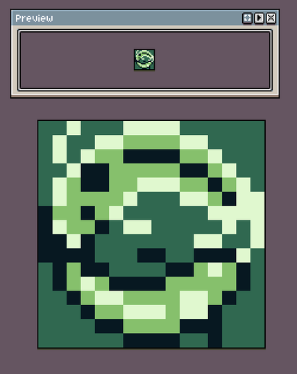GameBoy style sprite of two fish swimming in a circle coloured such that they appear to form an almost yin-yang symbol.
