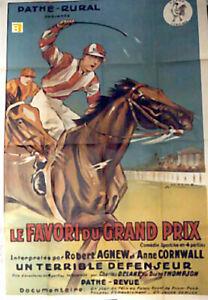 French poster. We can see a man horseback riding. He is wearing a long-sleeved shirt with white and red stripes, a hat of the same color and white trousers.
