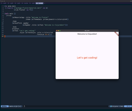 Flutter running a simple Hello World style application that has been defined in Flutter code. The code itself matches the quickstart linked in the post.