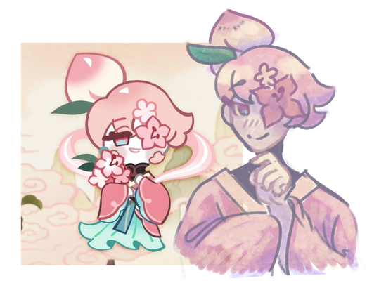 A digital illustration of Peach Blossom Cookie, a character from the mobile gacha game Cookie Run Kingdom. The artist's rendition of the character is drawn as a bust with a pleasant expression directly to the right of an in-game render of the same character. The style is sketchy and desaturated. The background is white