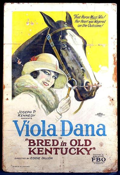 A poster of the film. We can see a woman besides a horse. She is wearing a white hat, a white coat with furs on the collar, white gloves. The horse is black.