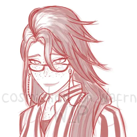 Digital sketch in red tones of Grell Sutcliff from Black Butler, drawn from the chest up. She is wearing a shirt with vertical stripes. She is smiling and looks relaxed. The background is white.