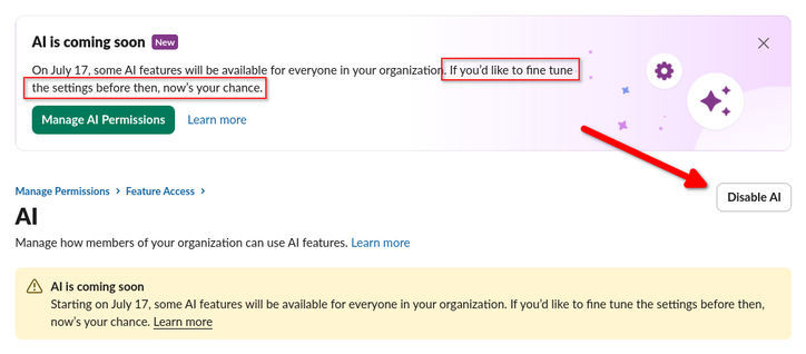 Screenshot of the Slack app offering to manage AI permissions. A red arrow points to a button labeled "Disable AI".
