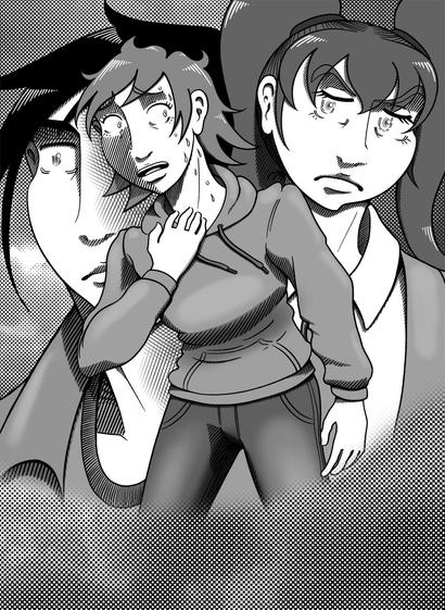 Cover art of a webcomic series. 
On the left is a man's face, in the the middle is a worried woman, and on the right is a woman's face looking at the viewer.