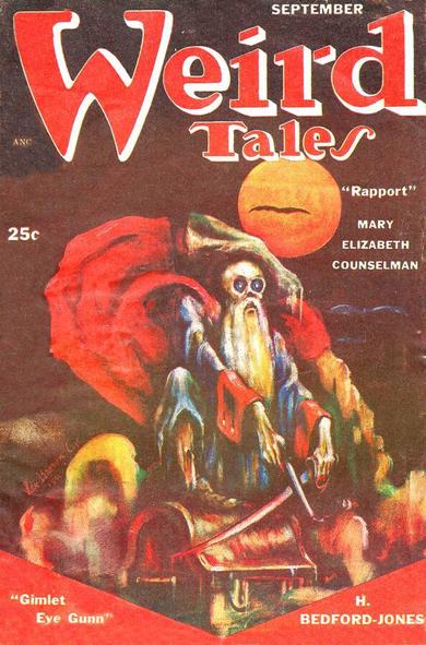 Under an orange moon, a figure in pirate dress with a long-nosed skull for a face and a long beard sits on a treasure chest holding an old-fashioned pistol and a cutlass.
Weird Tales magazine cover from 1951.