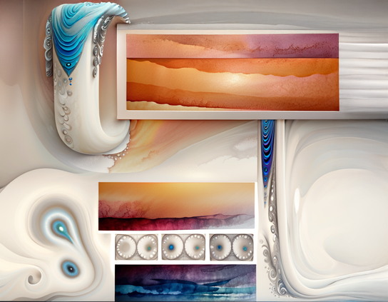 Abstract arrangement of organic yet otherworldly biological and cell-like forms, on a textured background, with washed sunset and night panels, accented with bold aqua blue. Watercolor style.