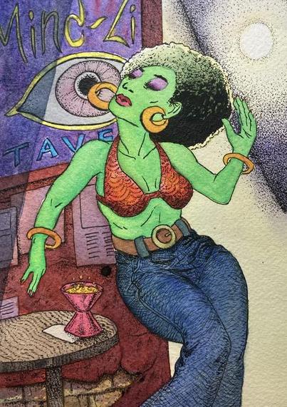 The finished painting I created on stream of Betty the Body from Omnicron Conspiracy, as seen in Streaksy's remake! Streaksy added an easter egg where if you press a key on a certain screen, Betty will appear in the Mind-Zi Tavern with these lovely pants on -- A reference to Pantsmo's Pantaloon Adventure, a mod of Cosmo's Cosmic Adventure I helped make that puts pants on most of the assets in that game. Long story, I know! xD