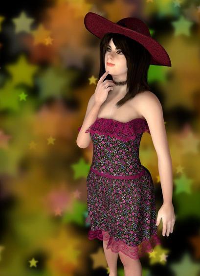 Eine Frau mit Hut und einem geblümten Kleid vor bunten Sternen hat den Zeigefinger der rechten Hand an ihr Kinn gelegt und schaut fragend in die Ferne.

A woman in a hat and a flowered dress in front of colourful stars has placed the index finger of her right hand on her chin and is looking questioningly into the distance.