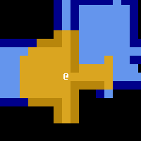 a white @ in a dungeon where visible walls are a dark yellow and visible floors are a lighter yellow in a circle around the @. explored but not visible tiles are in shades of blue. unexplored (or unseeable) tiles are black