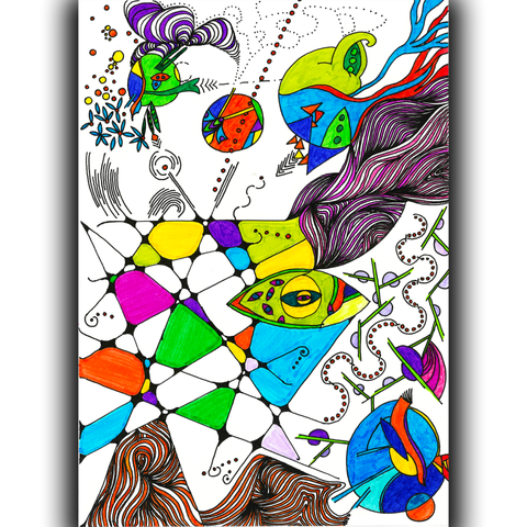 Abstract drawing with lots of bright colors representing the body but all over the place: an eye, a heart, lines crossing representing synapses, curved lines representing DNA, flowy spiralling shapes representing blood vessels. The title is a play on word with "I see you" because of the eye looking at the observer in the middle of the drawing, but also the actual I.C.U. where you might end up when your body goes all over the place, or a more figurative I.C.U. as in caring for one's body and mind through art.