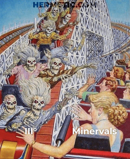 Meme format, Johnny Craig zombies and normies on a roller coaster illo. The Man of Earth MoE degrees of OTO illustrated. Normies are labelled Minervals, Zombies are labelled III°.
