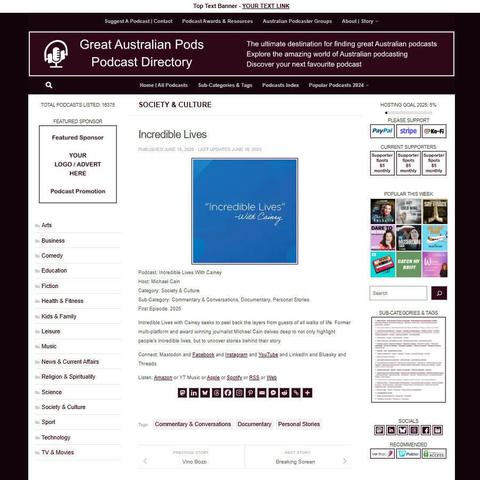 Incredible Lives With Cainey
Screenshot of the podcast listing on the Great Australian Pods website