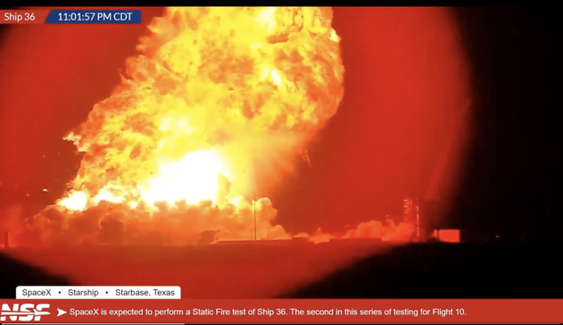 massive fireball explosion with "SpaceX is expected to perform a static fire test of starship 36" chyron at bottom