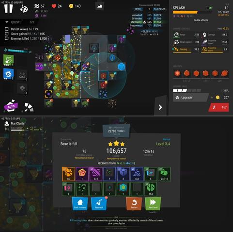 2 screenshots of Infinitode 2 collaged vertically.
Image 1: Level 3.4 in progress, with a lot of multishot towers destroying enemy mobs.
Image 2: Final result with 75 waves cleared, 106,657 points, 12 minutes and 1 seconds duration, and 3 stars. The loot obtained includes an orange resource called Tensors, pink resources called Matrixes, indigo resources called Vectors, and green resources called SCalars.